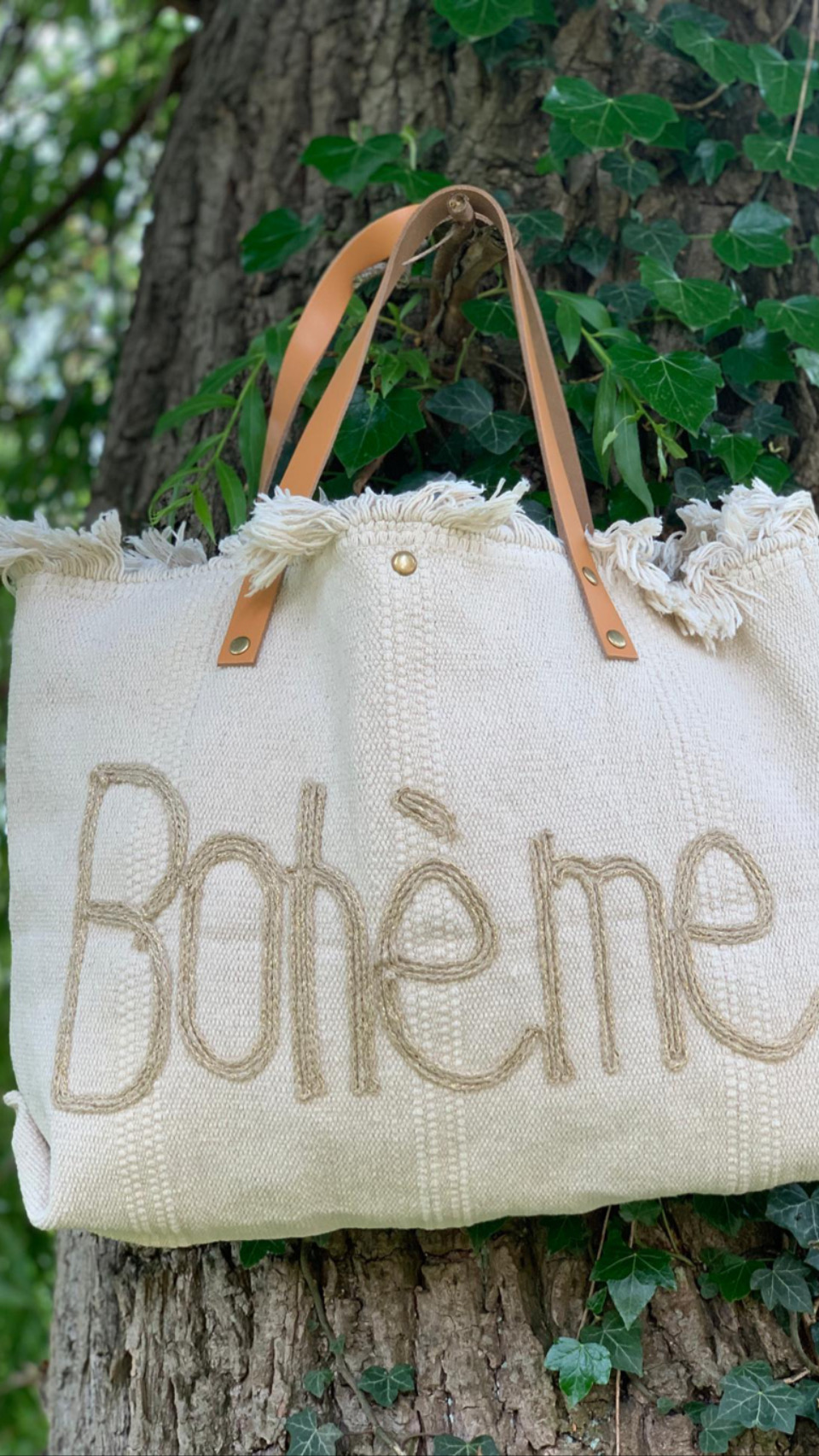 Beach bag groot met leren riemen Bohème geborduurd
