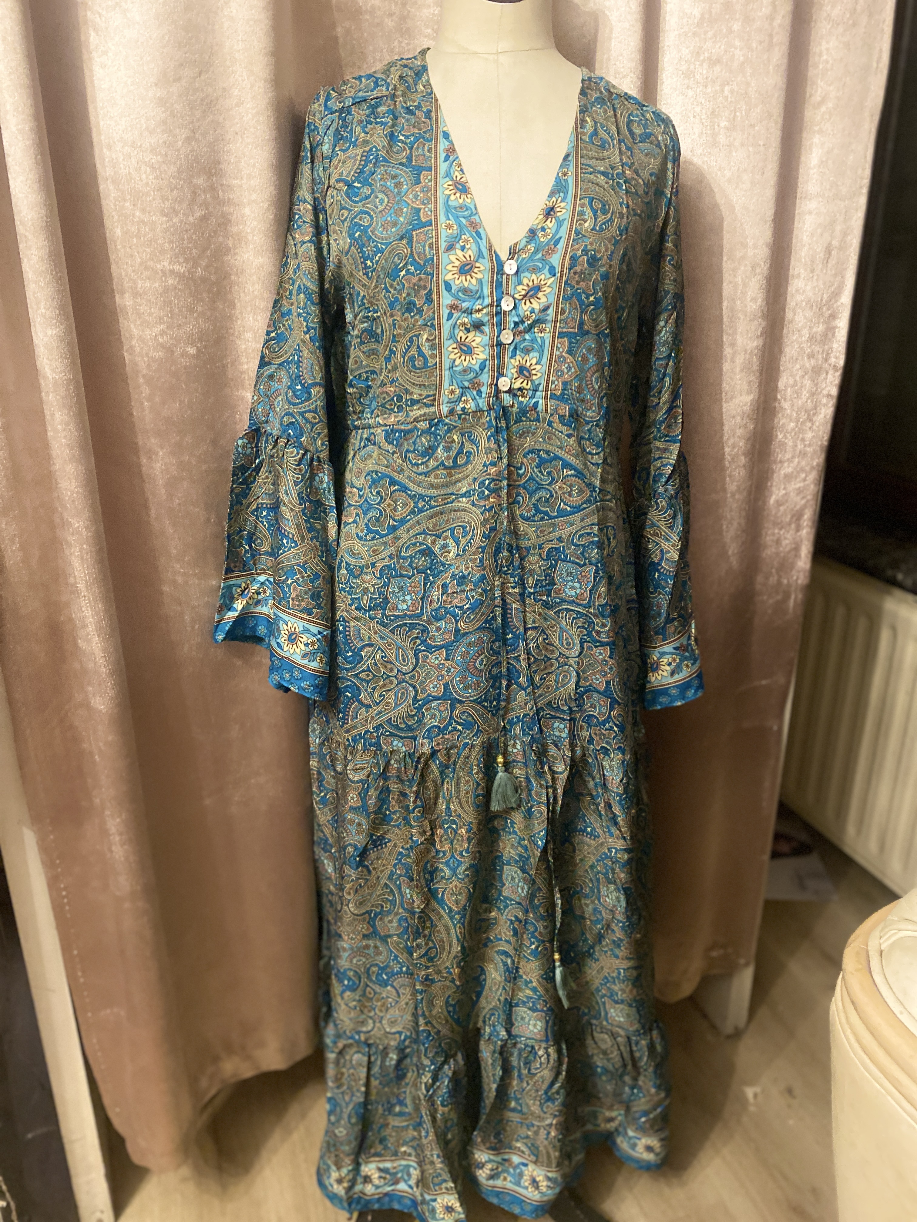 boho stijl zijden jurk turquoise in zijde en viscose