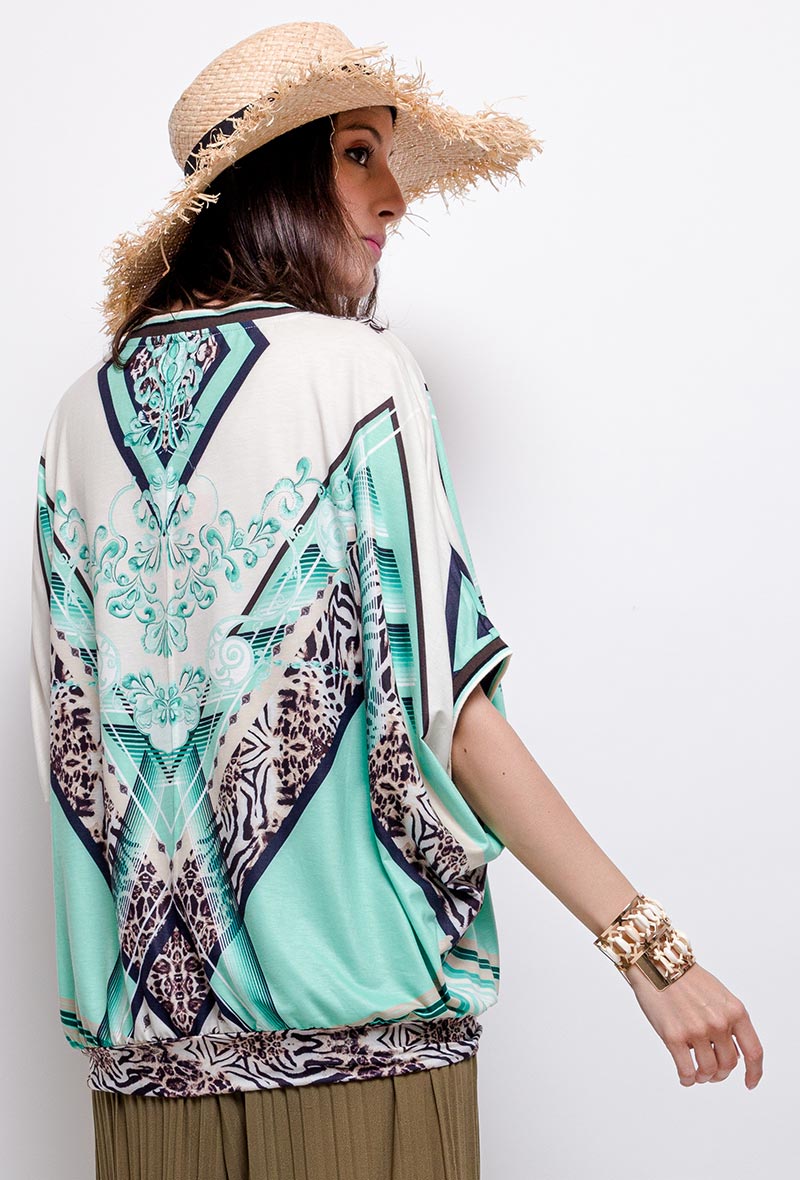 blouse in elastische stof met v-hals en verslankende print 