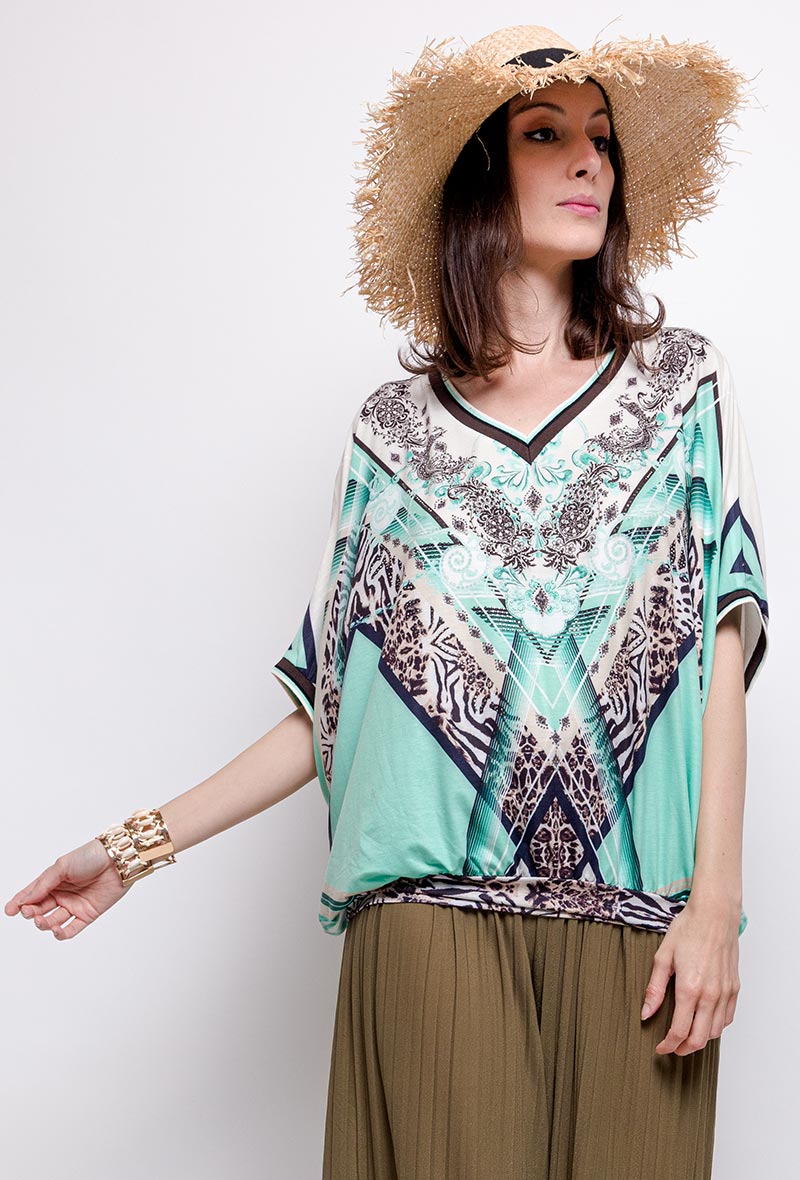 blouse in elastische stof met v-hals en verslankende print 