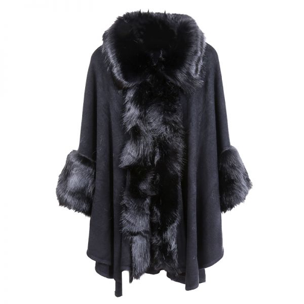 Poncho of cape zwart  met zwart imitatiebont