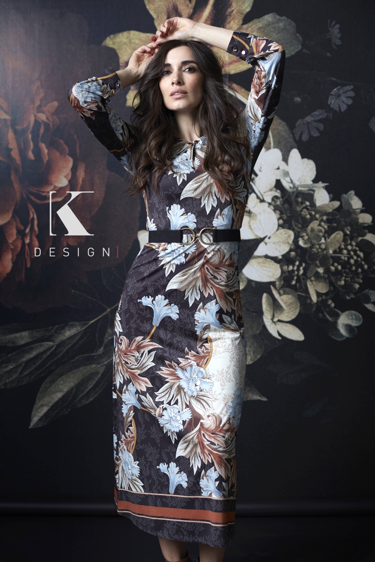 K-design maxi jurk R875 aparte print zwart met kleur