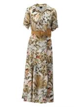 k-design  lange jurk W332 met exotische print in travel stretch stof en gratis bijpassende riem