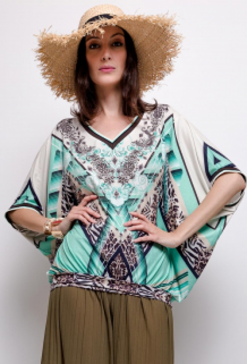 blouse in elastische stof met v-hals en verslankende print 