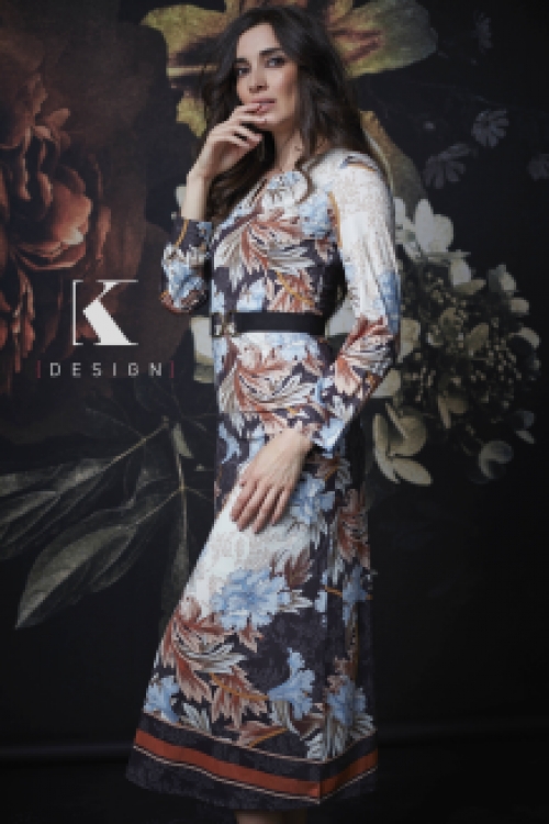 K-design maxi jurk R875 aparte print zwart met kleur