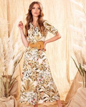 k-design w332 lange jurk met exotische print in travel stretch stof en gratis bijpassende riem
